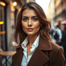 A 33-year-old woman exuding the elegance of French fashion, characterized by a soft and warm gaze