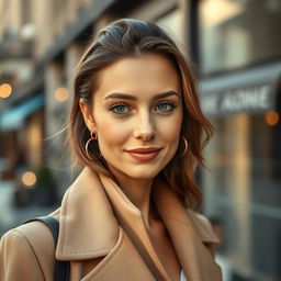 A 33-year-old woman exuding the elegance of French fashion, characterized by a soft and warm gaze