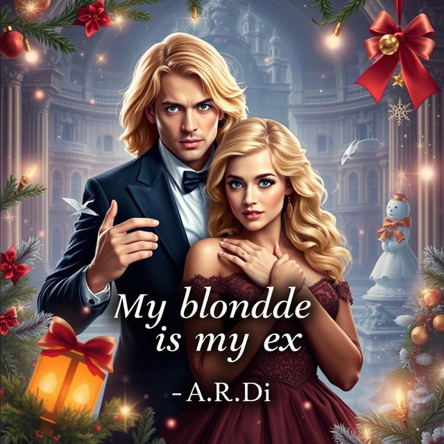 A captivating book cover for a fantasy romance titled 'My blonde is my ex', featuring a striking blonde woman and an elegant brunette woman, with a frightened man positioned protectively behind the blonde