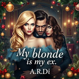 A captivating book cover for a fantasy romance titled 'My blonde is my ex', featuring a striking blonde woman and an elegant brunette woman, with a frightened man positioned protectively behind the blonde