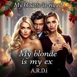 A captivating book cover for a fantasy romance titled 'My blonde is my ex', featuring a striking blonde woman and an elegant brunette woman, with a frightened man positioned protectively behind the blonde