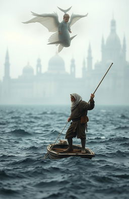 An old fisherman in weathered clothing stands determined on a flimsy boat, wielding a harpoon and preparing to kill a huge enchanted marlin
