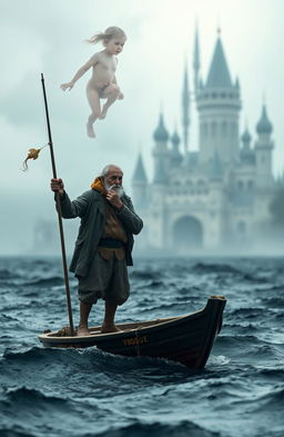 An old fisherman in weathered clothing stands determined on a flimsy boat, wielding a harpoon and preparing to kill a huge enchanted marlin