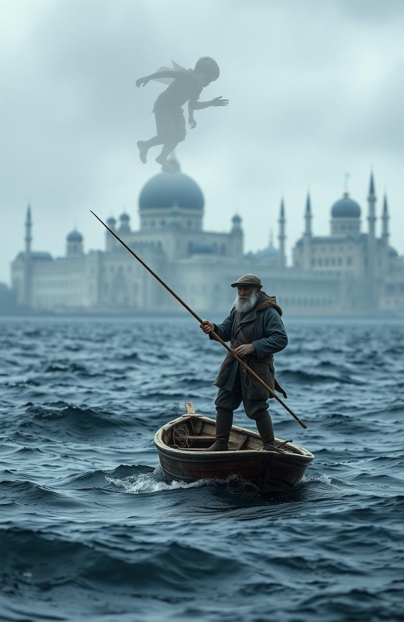 An old fisherman in weathered clothing stands determined on a flimsy boat, wielding a harpoon and preparing to kill a huge enchanted marlin