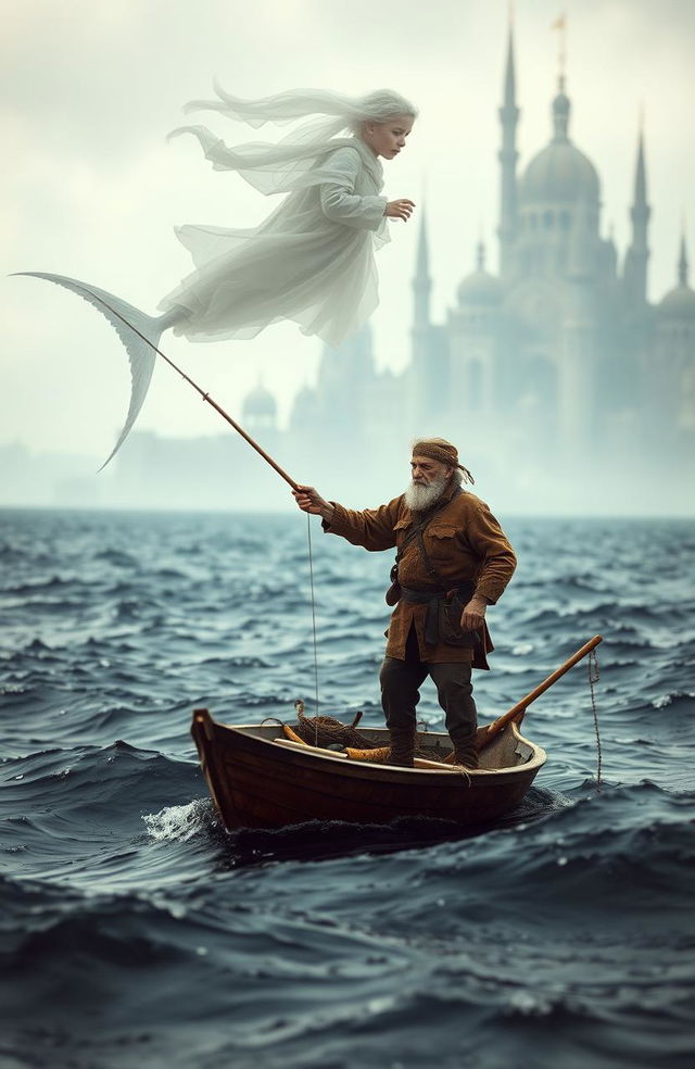 An old fisherman in weathered clothing stands determined on a flimsy boat, wielding a harpoon and preparing to kill a huge enchanted marlin