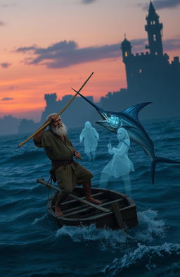 An old fisherman with rugged features dressed in tattered clothes, fiercely wielding a harpoon while standing on a flimsy wooden boat