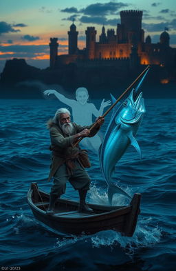 An old fisherman with rugged features dressed in tattered clothes, fiercely wielding a harpoon while standing on a flimsy wooden boat