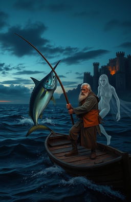 An old fisherman with rugged features dressed in tattered clothes, fiercely wielding a harpoon while standing on a flimsy wooden boat