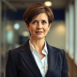 A 42-year-old lady with a short haircut, dressed in a tailored, strict business suit that reflects understated elegance