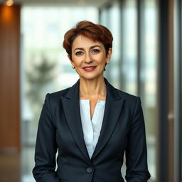 A 42-year-old lady with a short haircut, dressed in a tailored, strict business suit that reflects understated elegance