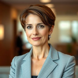 A 42-year-old lady with a short haircut, dressed in a tailored, strict business suit that reflects understated elegance