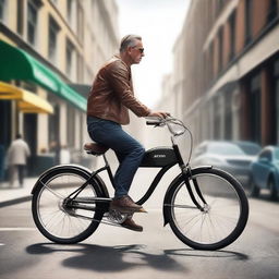 Create a hyper-realistic image of a man confidently driving a bike, with every detail perfectly realized to evoke a distinct sense of reality