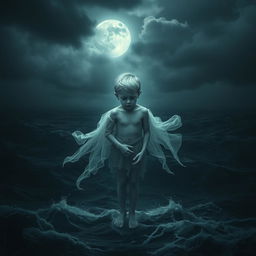 A ghostly apparition of a frail, poor young boy with a sorrowful expression, floating over a dark, tumultuous sea