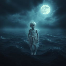 A ghostly apparition of a frail, poor young boy with a sorrowful expression, floating over a dark, tumultuous sea