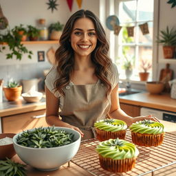 A young woman in a cozy kitchen, smiling brightly as she bakes delicious cannabis-infused cakes