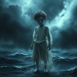 A hauntingly ethereal image of the ghost of a frail, poor young boy standing on a dark, ominous sea