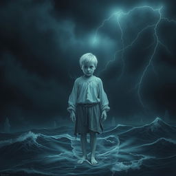 A hauntingly ethereal image of the ghost of a frail, poor young boy standing on a dark, ominous sea