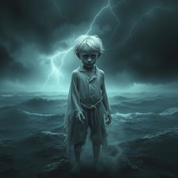 A hauntingly ethereal image of the ghost of a frail, poor young boy standing on a dark, ominous sea
