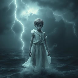 A hauntingly ethereal image of the ghost of a frail, poor young boy standing on a dark, ominous sea