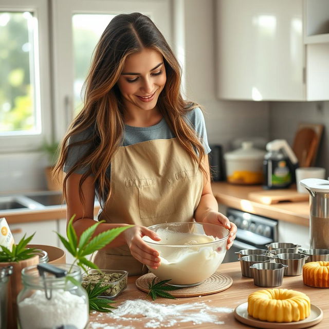 A young woman in her kitchen, focused on making cannabis-infused cakes