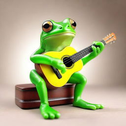 A realistic, joyful green tree frog sitting comfortably while playing an intricate melody on a small guitar.