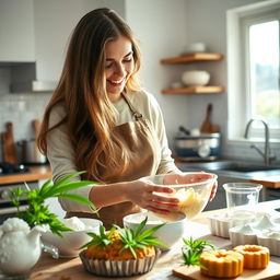 A young woman in her kitchen, focused on making cannabis-infused cakes
