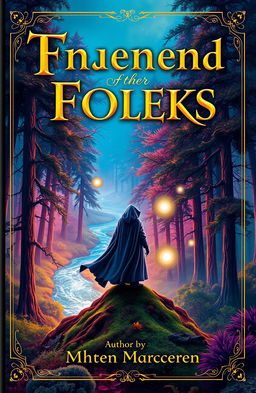 A captivating book cover design featuring an enchanting forest scene with vibrant colors, showcasing tall, ancient trees and a sparkling, winding river