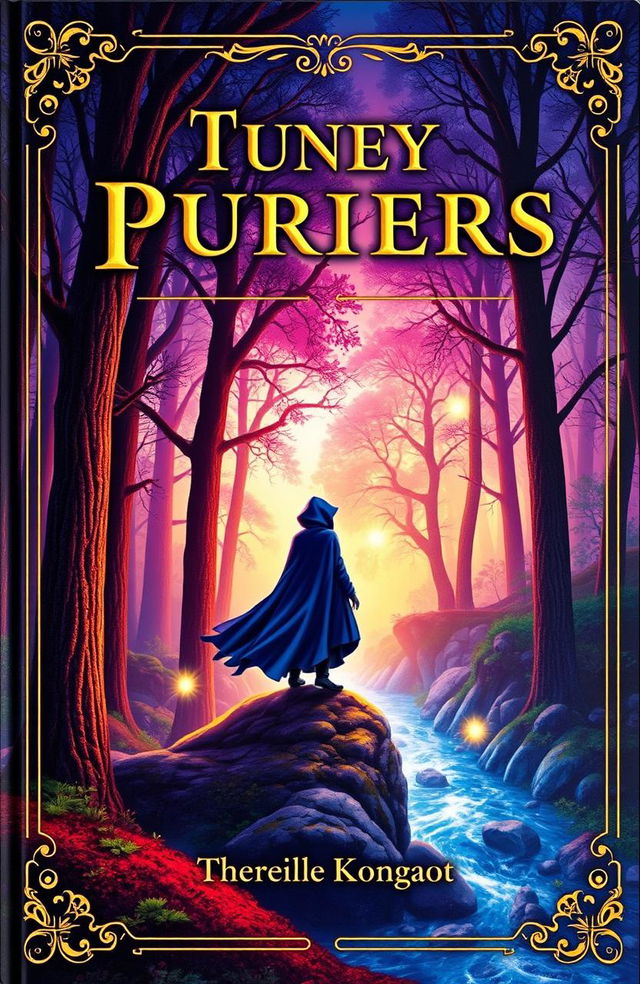 A captivating book cover design featuring an enchanting forest scene with vibrant colors, showcasing tall, ancient trees and a sparkling, winding river