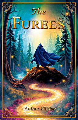 A captivating book cover design featuring an enchanting forest scene with vibrant colors, showcasing tall, ancient trees and a sparkling, winding river