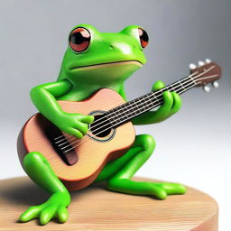 A realistic, joyful green tree frog sitting comfortably while playing an intricate melody on a small guitar.