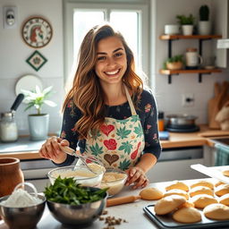 A young woman in a cozy kitchen is joyfully making cannabis-infused cakes and biscuits