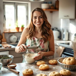 A young woman in a cozy kitchen is joyfully making cannabis-infused cakes and biscuits