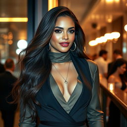 A stunning 37-year-old Latin woman with Brazilian features, showcasing elegant clothing that highlights her natural beauty