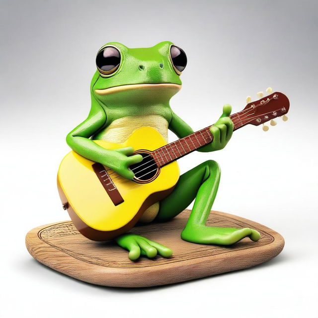 A realistic, joyful green tree frog sitting comfortably while playing an intricate melody on a small guitar.