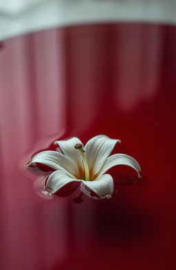 A striking, beautifully detailed white lily flower floating gracefully in a deep, vibrant red pool of blood