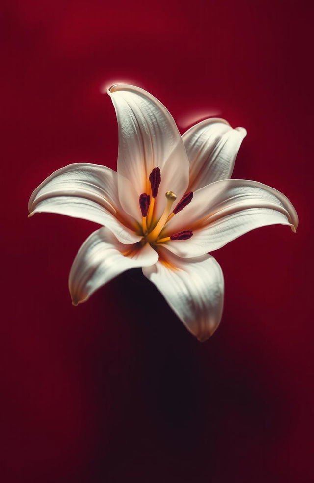 A striking, beautifully detailed white lily flower floating gracefully in a deep, vibrant red pool of blood