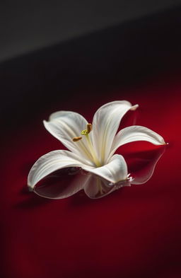 A striking, beautifully detailed white lily flower floating gracefully in a deep, vibrant red pool of blood