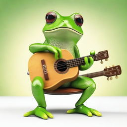 A realistic, joyful green tree frog sitting comfortably while playing an intricate melody on a small guitar.