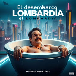 A movie poster for the fictional film titled 'El desembarco de Lombardía', featuring a 38-year-old man with a thick mustache relaxing in a futuristic bathtub