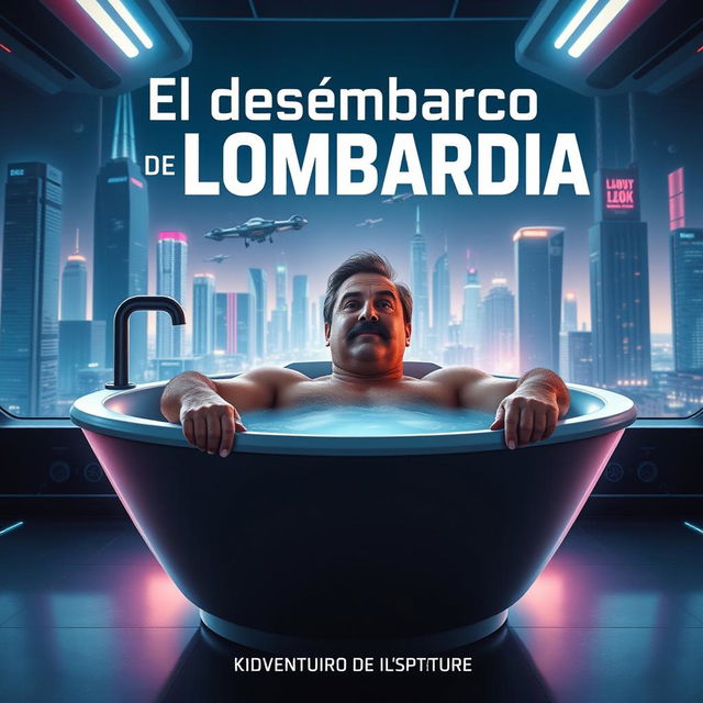 A movie poster for the fictional film titled 'El desembarco de Lombardía', featuring a 38-year-old man with a thick mustache relaxing in a futuristic bathtub