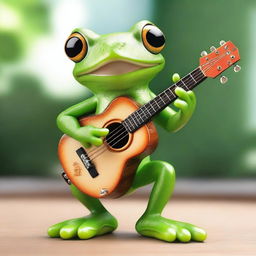 An ultra-realistic incarnation of a green tree frog, donned with a beaming smile, as it sits contentedly and strums a cheerful tune on a hand-sized guitar