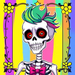 An artistic interpretation of a skeleton in an anime style, featuring a colorful and vibrant background