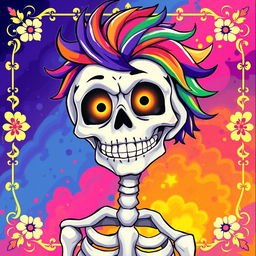 An artistic interpretation of a skeleton in an anime style, featuring a colorful and vibrant background