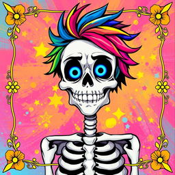 An artistic interpretation of a skeleton in an anime style, featuring a colorful and vibrant background