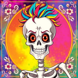 An artistic interpretation of a skeleton in an anime style, featuring a colorful and vibrant background