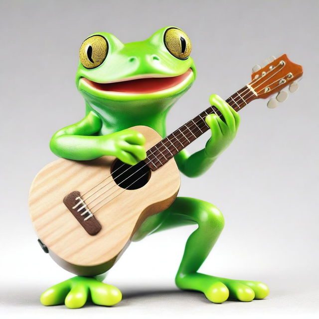 An ultra-realistic incarnation of a green tree frog, donned with a beaming smile, as it sits contentedly and strums a cheerful tune on a hand-sized guitar