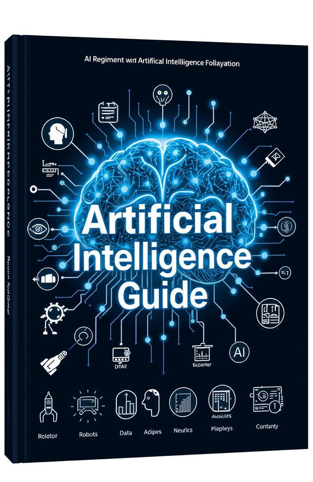 A detailed and engaging guidebook cover representing artificial intelligence