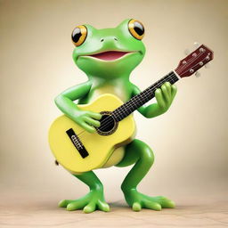 An ultra-realistic incarnation of a green tree frog, donned with a beaming smile, as it sits contentedly and strums a cheerful tune on a hand-sized guitar