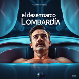 A movie poster for the film titled "El desembarco de Lombardía", featuring a 38-year-old man with a mustache, relaxed in a futuristic bathtub or sensory deprivation tank
