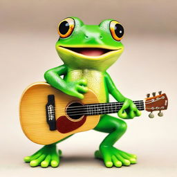 An ultra-realistic incarnation of a green tree frog, donned with a beaming smile, as it sits contentedly and strums a cheerful tune on a hand-sized guitar